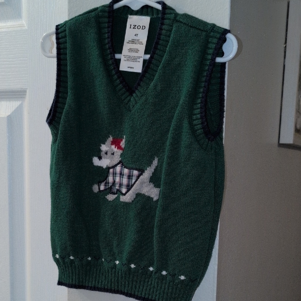 Izod Kids Green Sweater Vest with Plaid Dog Design